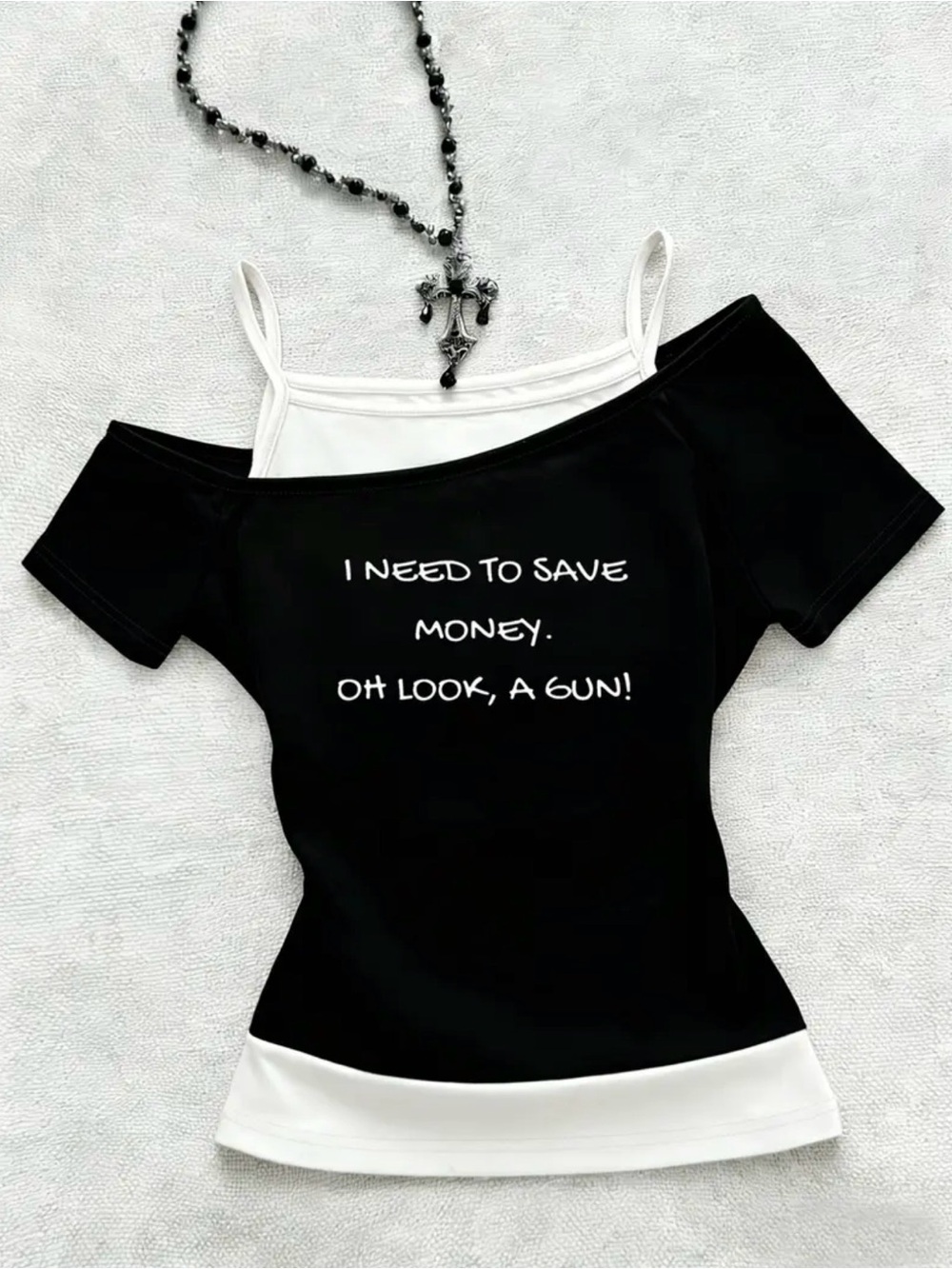 New printed Black and white layered Graphic Off-Shoulder Crop Top